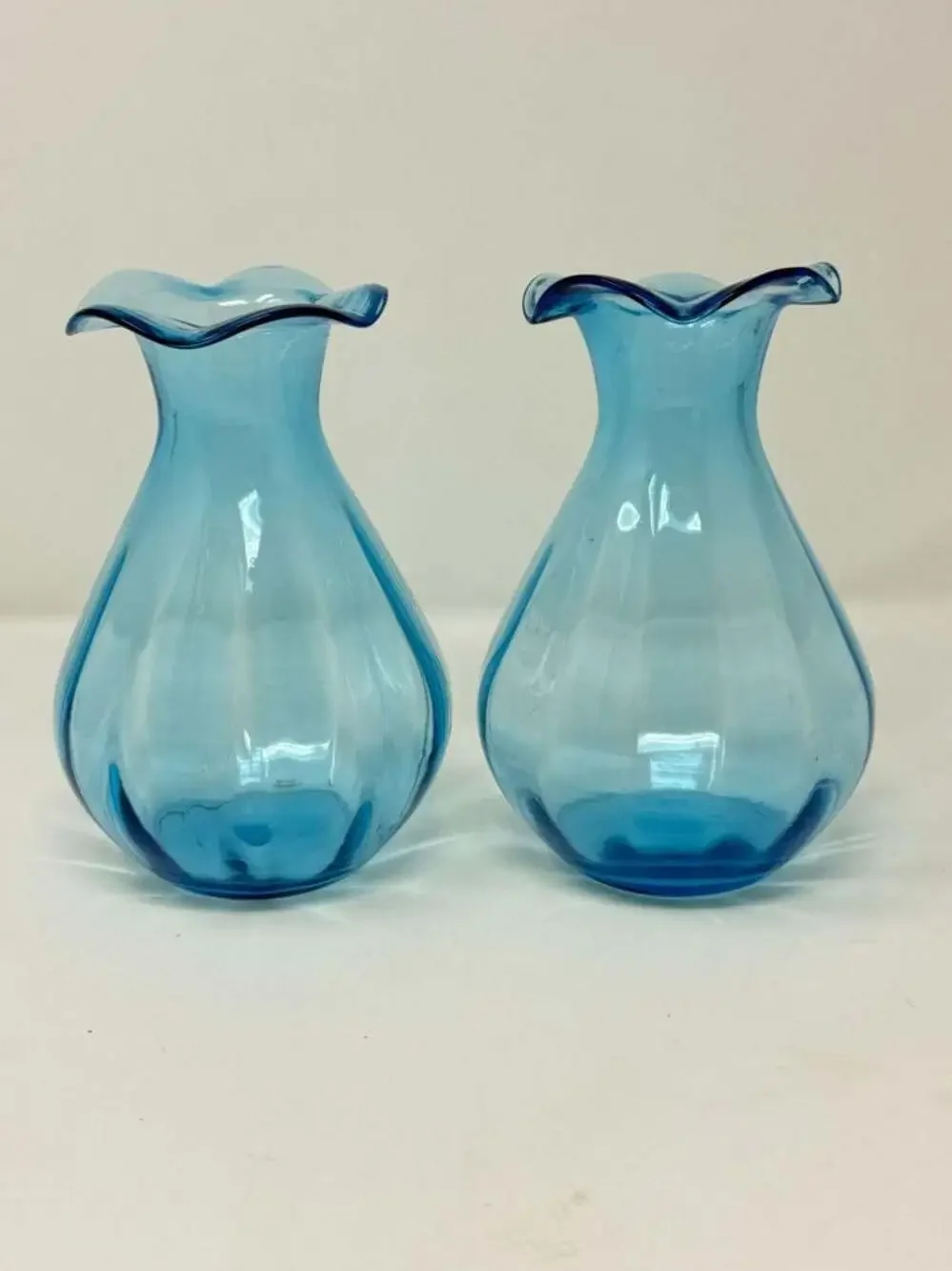 Set of 2 Vintage Blue Blown Glass Vases with Wrought Iron Scroll Stands
